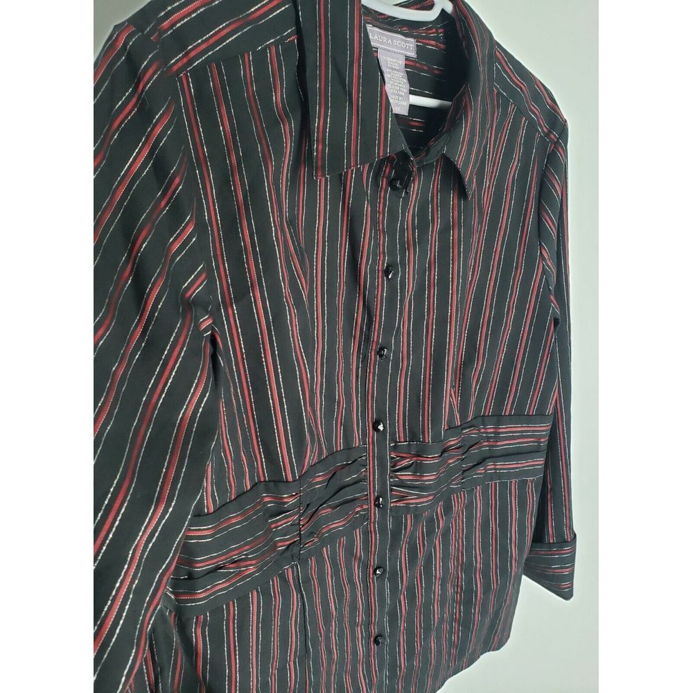 Laura Scott Striped Silver Thread Size XL Designer Collared Blouse Top w/Buttons